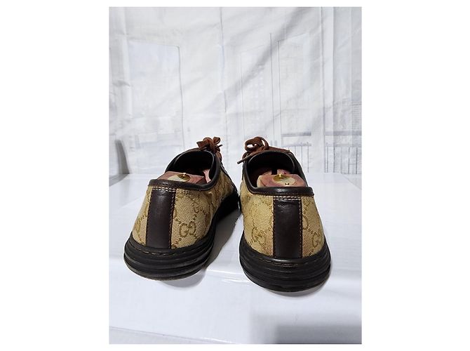 Sneakers in pelle e tela monogram Gucci con lacci marrone/beige taglia 7,5 - vista 7
