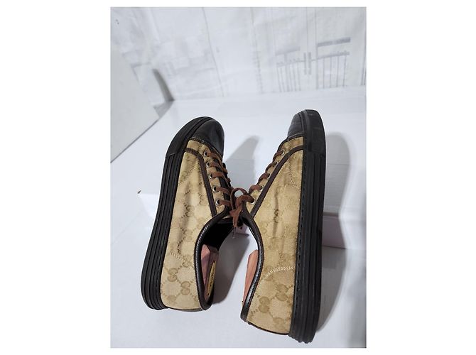 Sneakers in pelle e tela monogram Gucci con lacci marrone/beige taglia 7,5 - vista 8