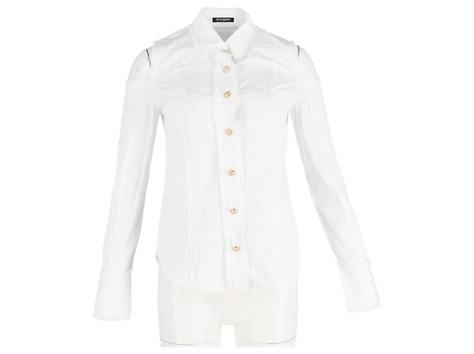 Camicia con spalle scoperte e bottoni Balmain in cotone bianco Crudo - vista 4