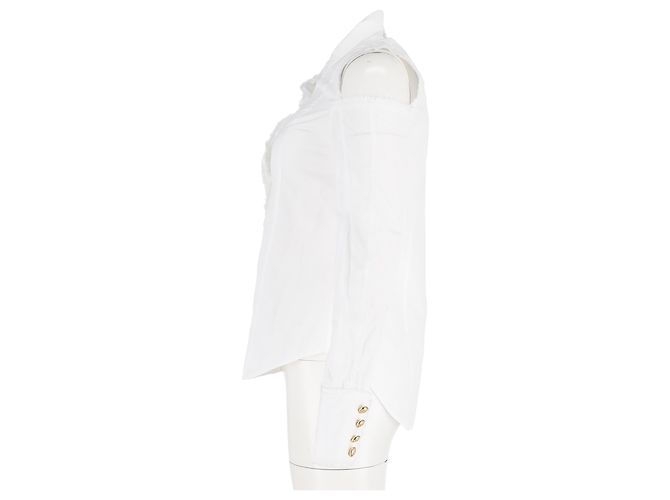 Camicia con spalle scoperte e bottoni Balmain in cotone bianco Crudo - vista 5