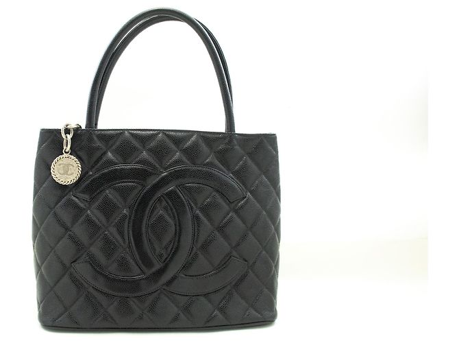 Bolso de hombro de caviar plateado CHANEL con medallón negro SV - vista 2