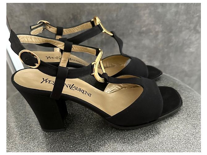 Sandali con tacco Yves Saint Laurent in pelle e tessuto nero - vista 2