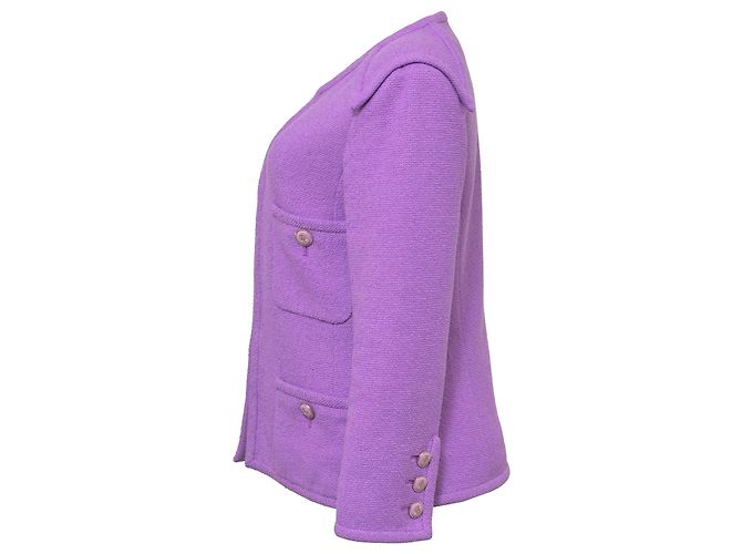 Chanel CC Knopf Jacke mit Vier Taschen aus lila Tweed - Ansicht 2