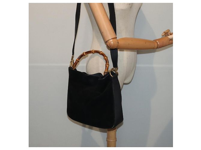 Borsa a mano in suede GUCCI Bamboo 2way nera Auth 81045 Nero - vista 22