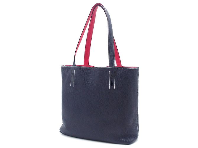 Borsa tote Double Sens 28 in pelle Clemence blu Hermès - vista 2