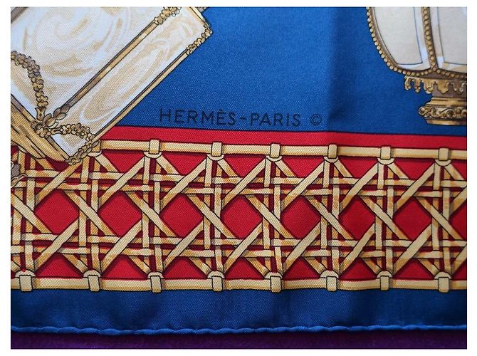 Lenço de Seda Hermès Vintage Original 90x90 Tecido de Seda "Feux de Route" Vermelho Azul Amarelo - vista 4