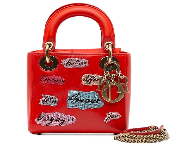 Dior Mini Lady Dior in pelle di vitello rossa decorata con paillettes - vista 14