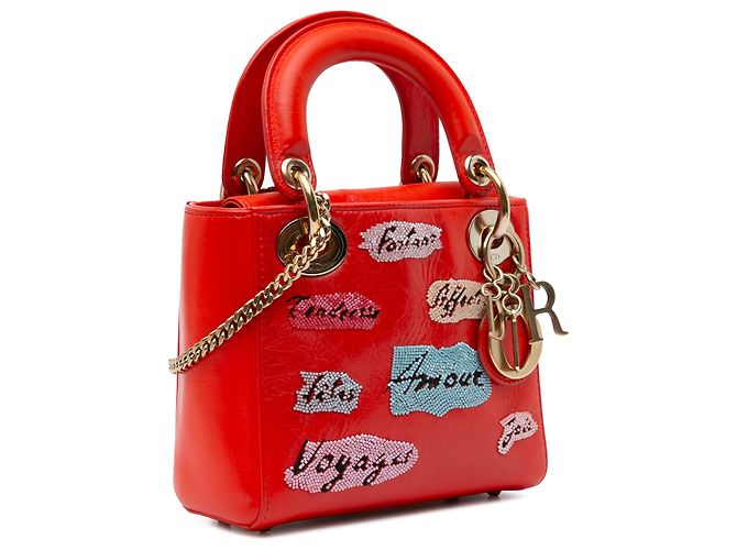 Dior Mini Lady Dior in pelle di vitello rossa decorata con paillettes - vista 2