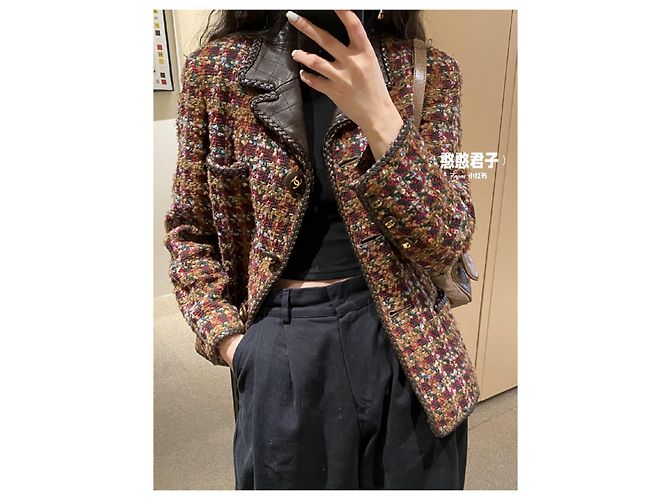 Cambon Chanel 92A Giacca Museu Tweed & Pelle Nera 38 Marrone - vista 10