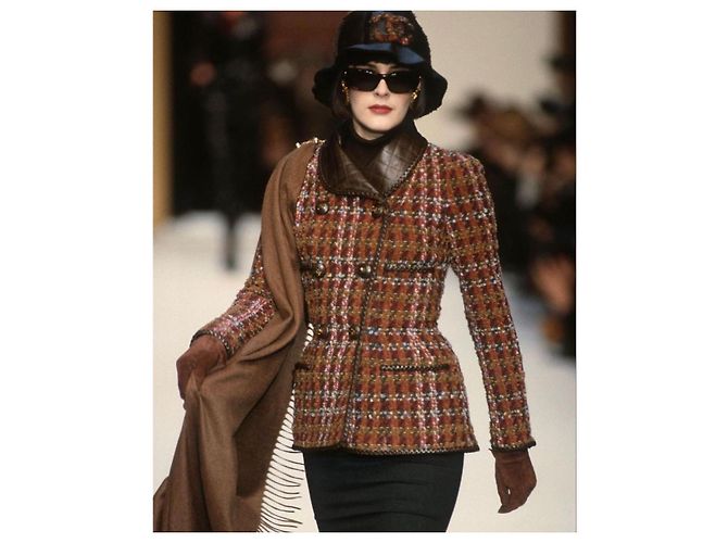 Cambon Chanel 92A Giacca Museu Tweed & Pelle Nera 38 Marrone - vista 11