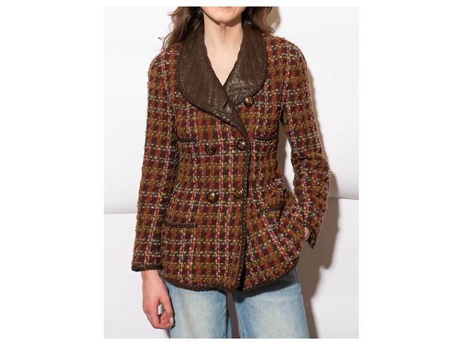 Cambon Chanel 92A Giacca Museu Tweed & Pelle Nera 38 Marrone - vista 12