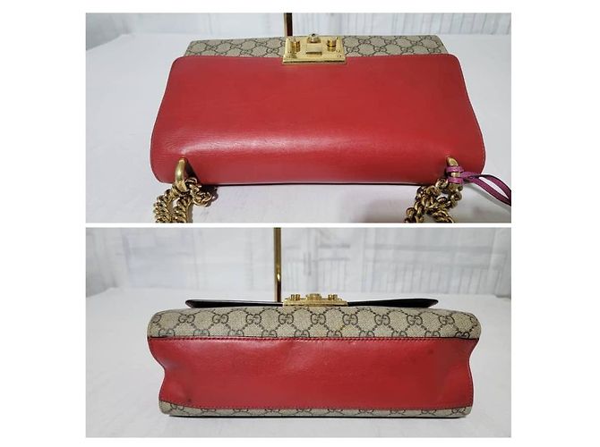 Borsa a spalla media Padlock in pelle GG Supreme monogramma beige/rosso ibisco di GUCCI Rosa - vista 9