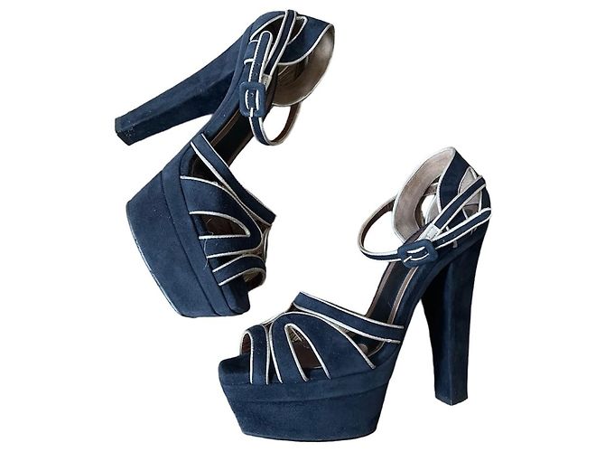 Sandali platform con cinturini Marni 38 in suede e pelle blu navy e grigio - vista 2