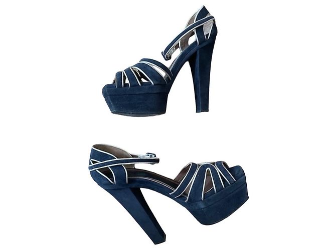 Sandali platform con cinturini Marni 38 in suede e pelle blu navy e grigio - vista 5