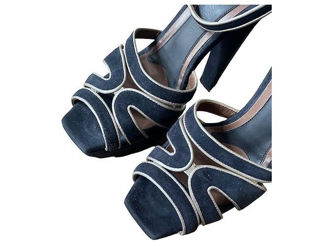Sandali platform con cinturini Marni 38 in suede e pelle blu navy e grigio - vista 7