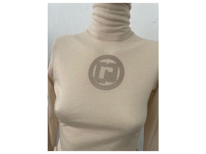 Paco Rabanne Pullover mit Stehkragen in Kaschmir Größe 38/40 in Beige mit Monogramm und Strass Silber Silber Hardware - Ansicht 2