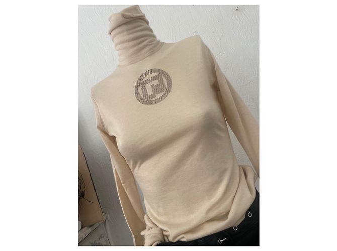 Paco Rabanne Pullover mit Stehkragen in Kaschmir Größe 38/40 in Beige mit Monogramm und Strass Silber Silber Hardware - Ansicht 3
