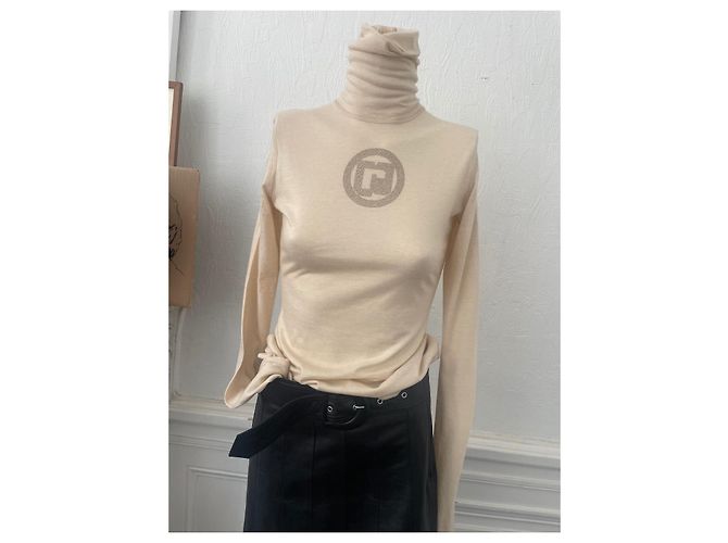 Paco Rabanne Pullover mit Stehkragen in Kaschmir Größe 38/40 in Beige mit Monogramm und Strass Silber Silber Hardware - Ansicht 5
