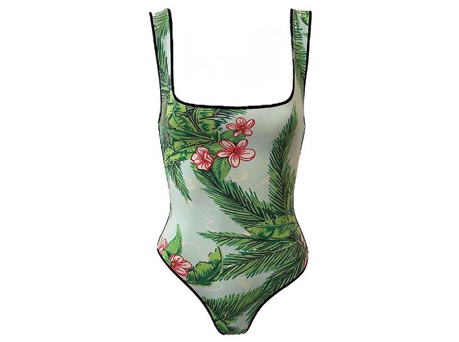 Einteiliger Badeanzug und 90er Jahre Badehose Eres 36/38 mit tropischen Mustern Pink Rot Hellgrün Türkis Dunkelgrün - Ansicht 5