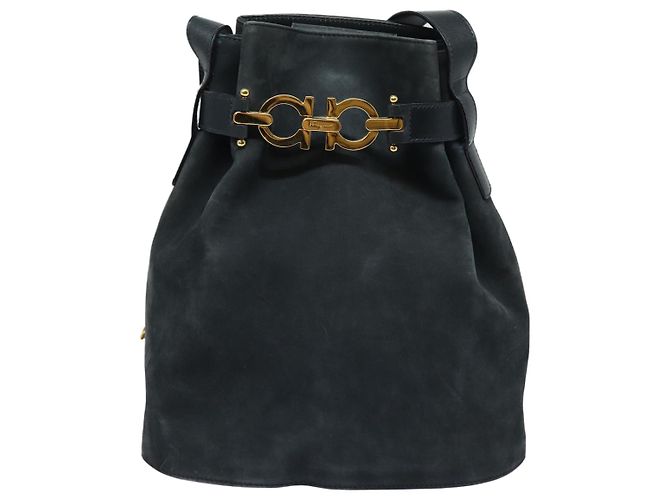 Borsa a Spalla Gancini in Camoscio Blu Navy Salvatore Ferragamo Auth yk13840 - vista 13