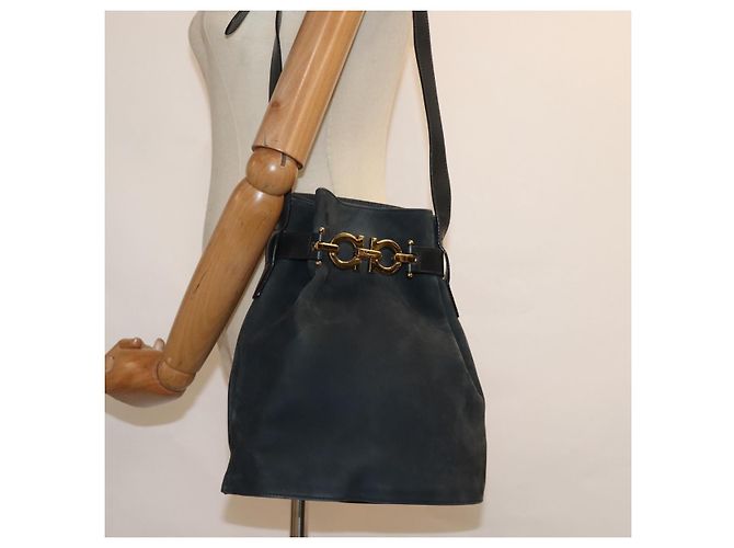 Borsa a Spalla Gancini in Camoscio Blu Navy Salvatore Ferragamo Auth yk13840 - vista 21