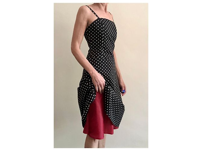 Vestido preto com bolinhas de marfim, algodão lycra, tamanho 36, Adolfo Dominguez Creme - vista 12