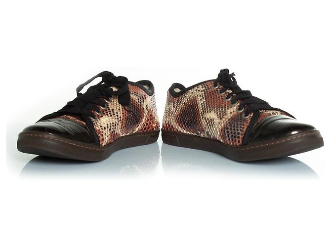 Lanvin, baskets en python avec bout en cuir verni Marron Noir - vue 3