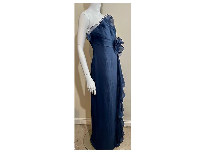 Marchesa Trägerloses Abendkleid aus dunkelblauer Seide mit Organza-Besätzen Marineblau - Ansicht 2