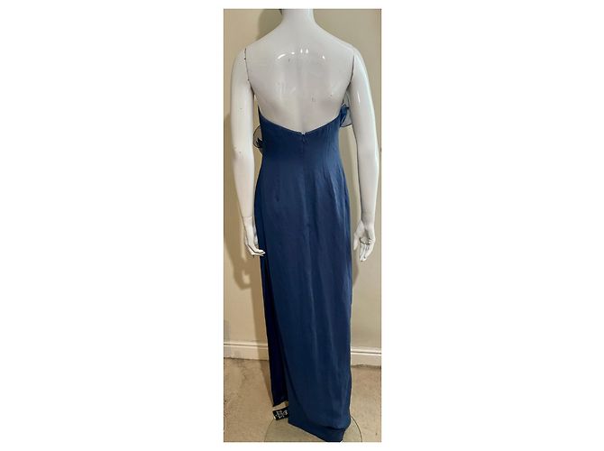 Marchesa Trägerloses Abendkleid aus dunkelblauer Seide mit Organza-Besätzen Marineblau - Ansicht 3