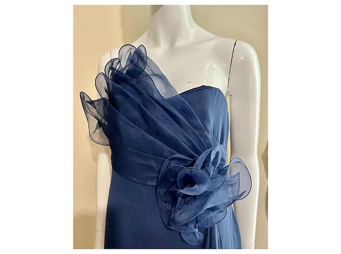 Marchesa Trägerloses Abendkleid aus dunkelblauer Seide mit Organza-Besätzen Marineblau - Ansicht 4
