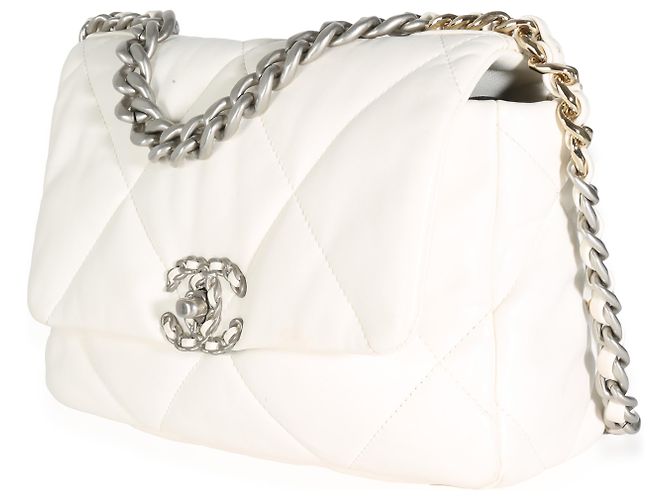 Bolsa Chanel 19 pequena em couro de cordeiro acolchoado branco - vista 3
