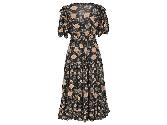 Abito midi con scollo a V in stampa floreale e dettagli a volant in cotone nero Ulla Johnson - vista 3
