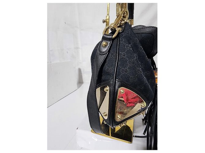 Borsa hobo Babouska Indy media in tela e pelle GG di Gucci nera Nero - vista 3