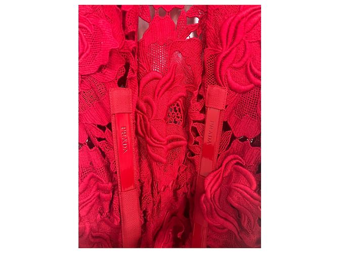 Vestido midi Prada rojo de encaje de guipur y algodón con cinturón Roja - vista 2