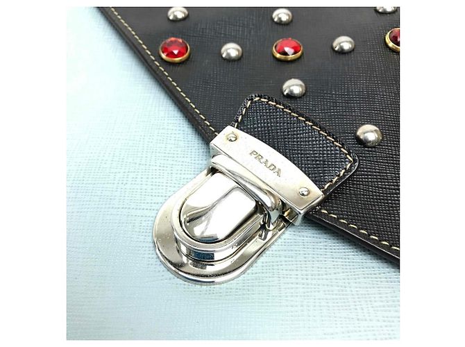 Borsa a tracolla Prada Saffiano Bijoux x Studs Nero Blu chiaro - vista 7