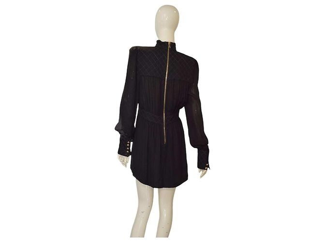 Balmain Vestido mini de seda preta acolchoado gola alta 38 Preto - vista 2