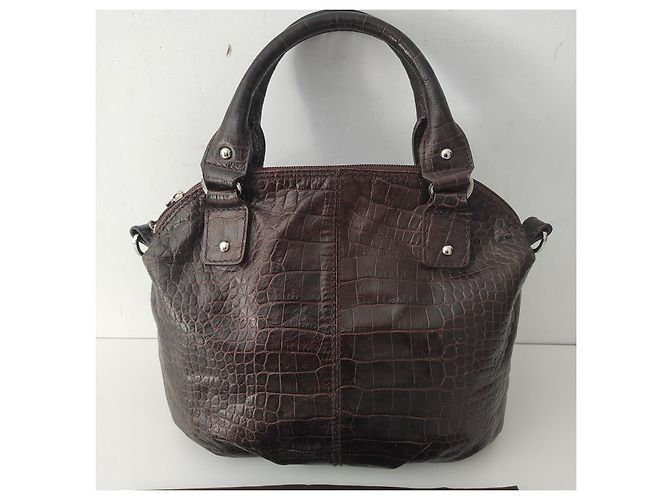 Bela bolsa Mac Douglas em couro verdadeiro marrom escuro estilo crocodilo, em estado novo - vista 10