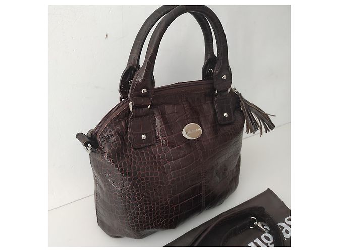 Bela bolsa Mac Douglas em couro verdadeiro marrom escuro estilo crocodilo, em estado novo - vista 13