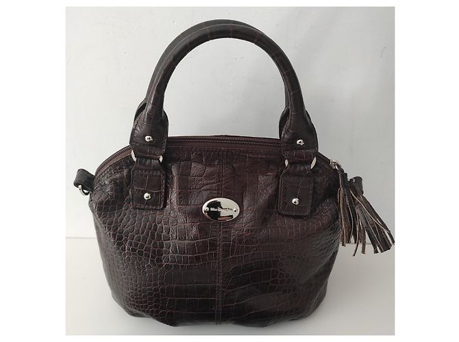 Bela bolsa Mac Douglas em couro verdadeiro marrom escuro estilo crocodilo, em estado novo - vista 15