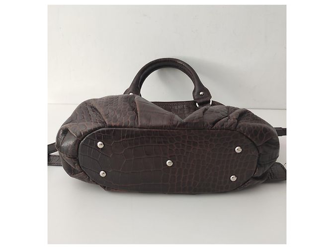 Bela bolsa Mac Douglas em couro verdadeiro marrom escuro estilo crocodilo, em estado novo - vista 4