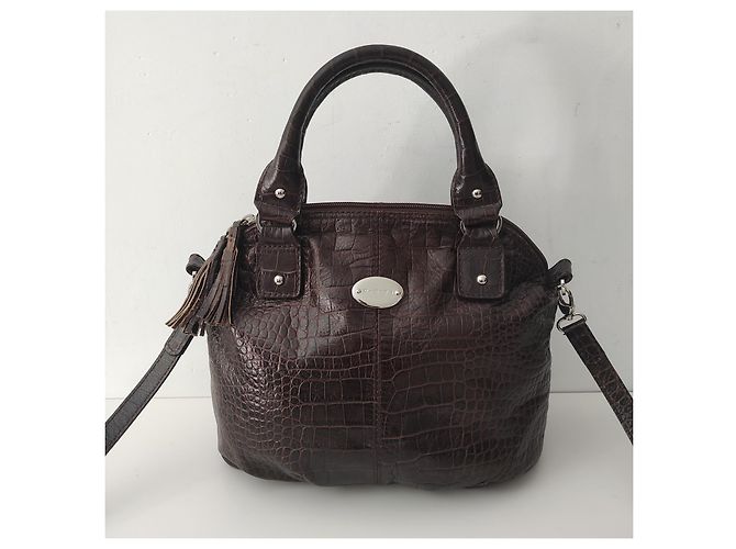 Bela bolsa Mac Douglas em couro verdadeiro marrom escuro estilo crocodilo, em estado novo - vista 6