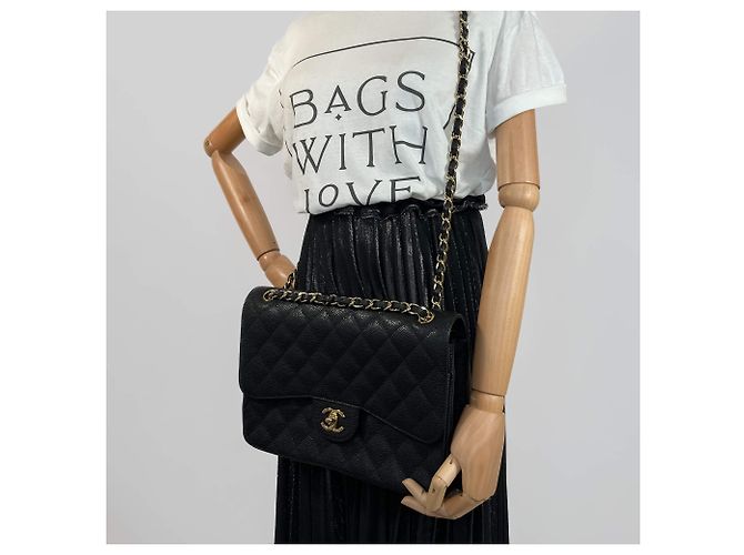 Timeless Chanel Borsa a doppio flap classica Jumbo in pelle caviar matelassé nera a 2 modi Nero - vista 3