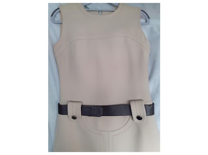 Vintage Wollkleid Beige mit Ledergürtel - vue 3