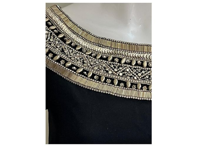 Marchesa Schwarzes Seidenkleid mit mit Juwelen besetztem Bootsausschnitt Golden - Ansicht 4
