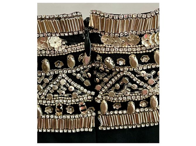 Marchesa Schwarzes Seidenkleid mit mit Juwelen besetztem Bootsausschnitt Golden - Ansicht 9