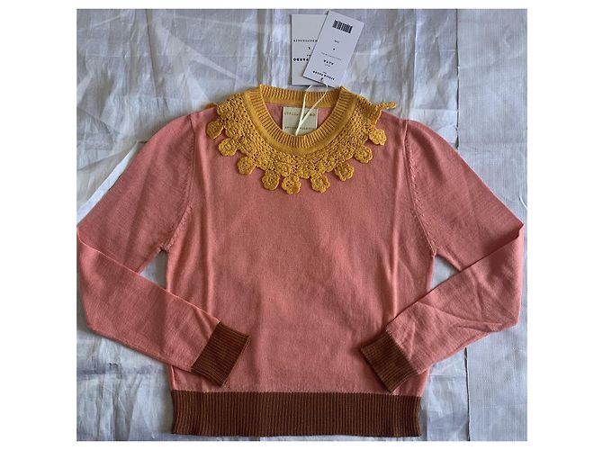 Autre Marque STELLA PARDO X ANTHROPOLOGIE Wollpullover Rosa Gelb und Mocha Braun Pink Senf - Ansicht 4