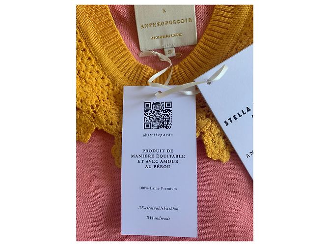 Autre Marque STELLA PARDO X ANTHROPOLOGIE Wollpullover Rosa Gelb und Mocha Braun Pink Senf - Ansicht 5