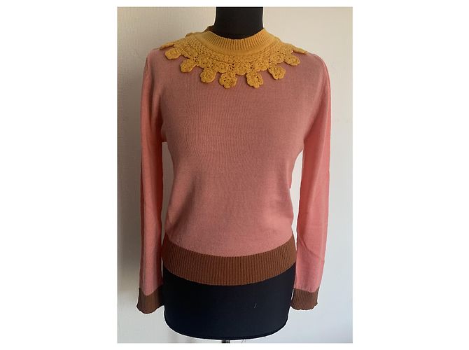 Autre Marque STELLA PARDO X ANTHROPOLOGIE Wollpullover Rosa Gelb und Mocha Braun Pink Senf - Ansicht 7