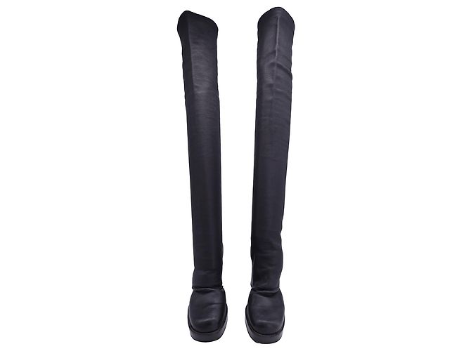 Stivali alti in pelle nera con tacco spesso e stretch di Rick Owens - vista 2