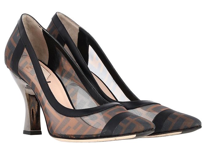 Fendi Colibri  Zucca FF Pump in Pelle e Rete Marrone - vista 4